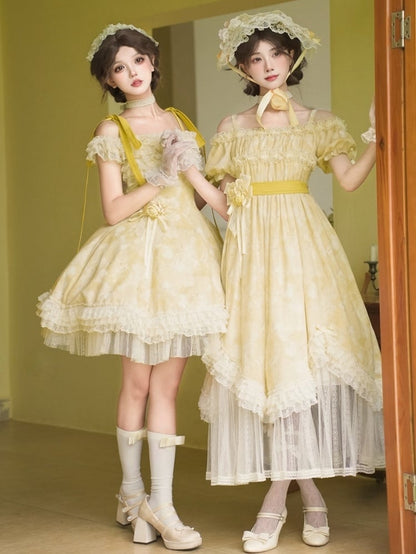 Yellow Edge Mesh Scalloped Waist OP Set Dress Hem Panels Full Lolita Light High