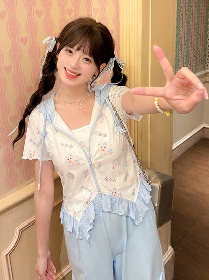 Zip-up Hooded Cute Kitty Print Curved Hem Lace Blue Trim T-Shirt