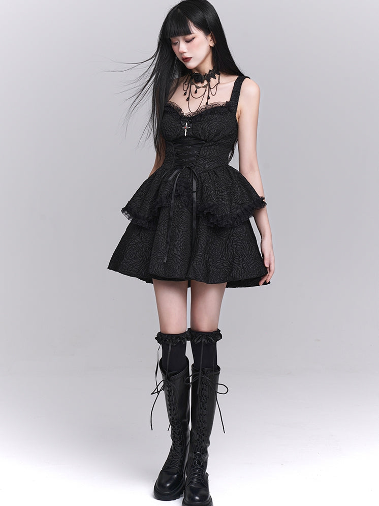 Skirt Gothic Black Sweetheart Neckline Lace-up Front Tiered