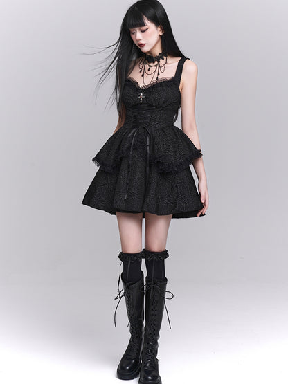 Skirt Gothic Black Sweetheart Neckline Lace-up Front Tiered