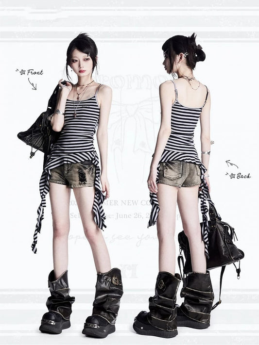 Vintage Black  Grey Stripes Cascading Ruffle Accents Cami Top