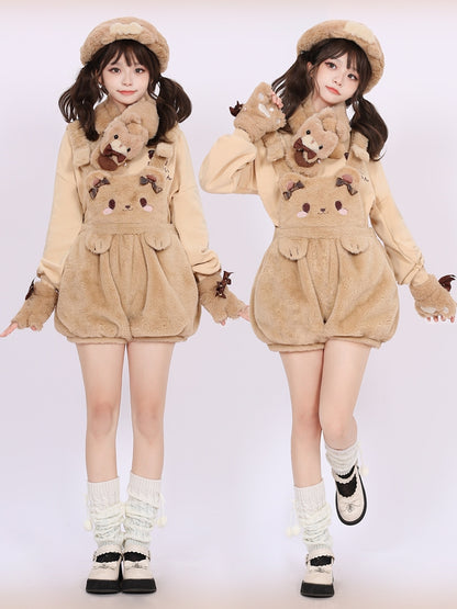 Coffee Cute Teddy Bear Plush Overall Shorts Bowknot Details