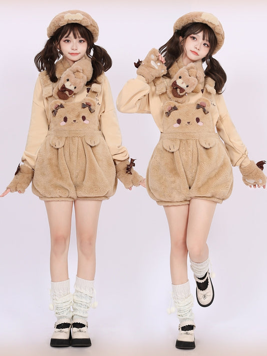 Coffee Cute Teddy Bear Plush Overall Shorts Bowknot Details