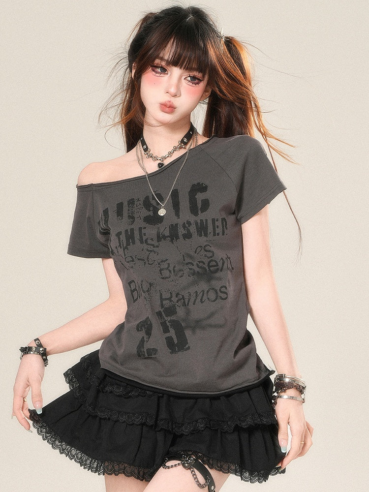 Letter Asymmetrical Neckline T-shirt Glamorous Print White/Gary