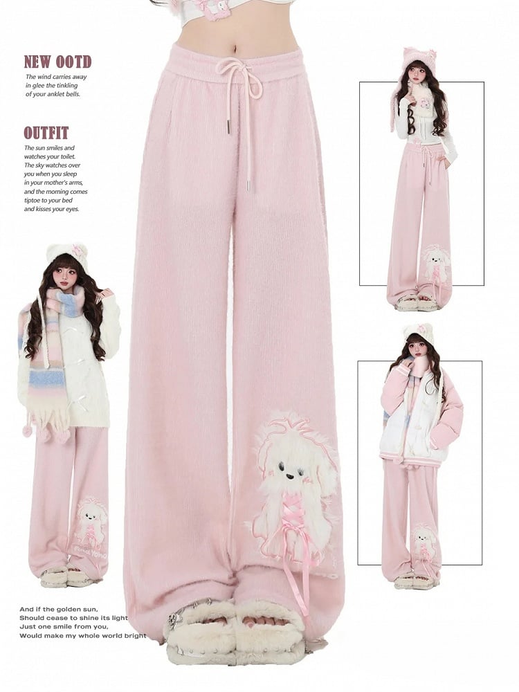 Pink Cute Puppy Straight-leg Cut Pants