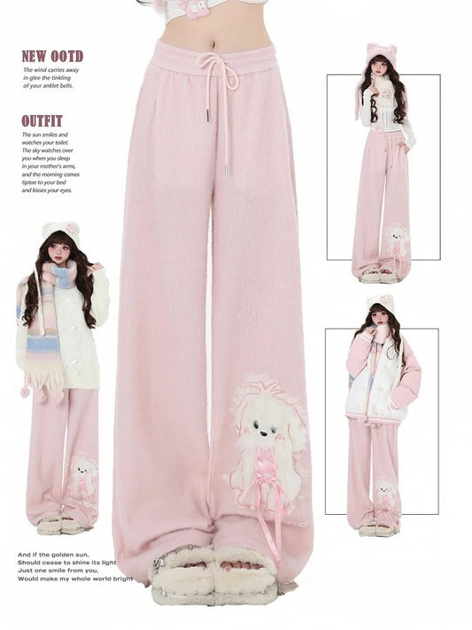 Pink Cute Puppy Straight-leg Cut Pants