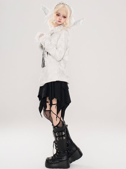 Haut asymétrique à manches longues et bordure en peluche style ange blanc lait punk