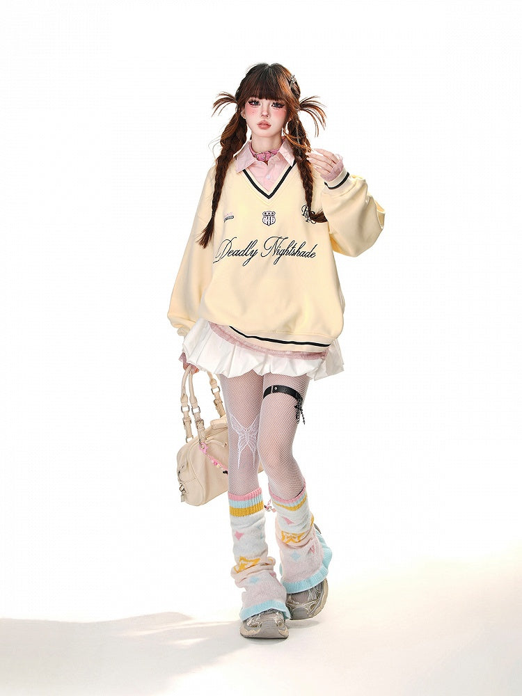 Apricot/Pink Polo Collar Letter Embroidery Spring Loose Sweatshirt Faux Two-pieces