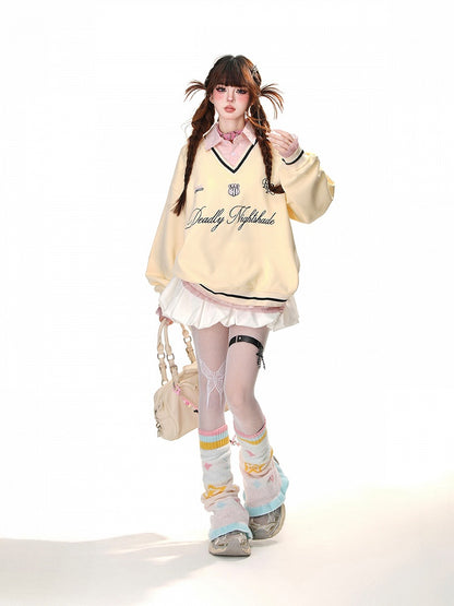 Apricot/Pink Polo Collar Letter Embroidery Spring Loose Sweatshirt Faux Two-pieces