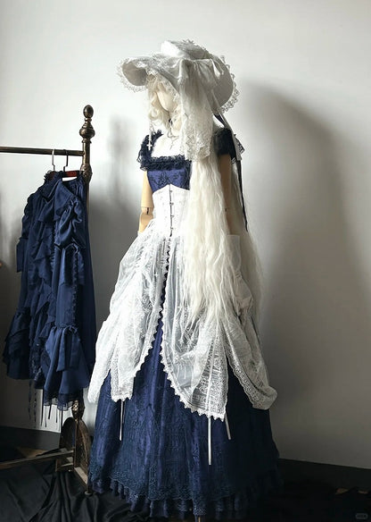 White Gothic Lolita Corset Belt with Drawstring Design Cathedral Embroidery Overlay