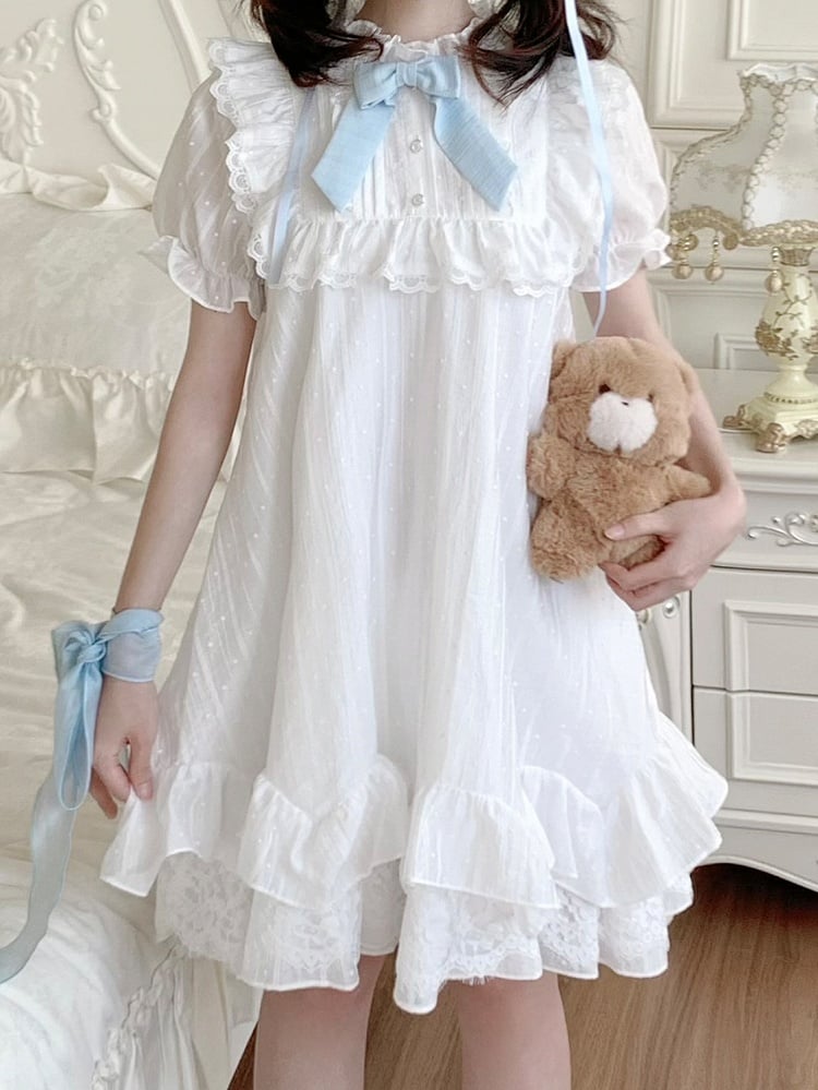 Blue Trim White Ruffle Neckline Lace Puff Sleeves Dress with
