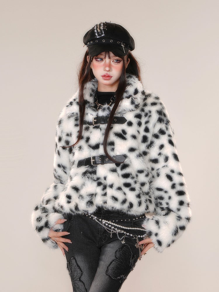 White Pink Leopard Buckle Straps Thick Coat