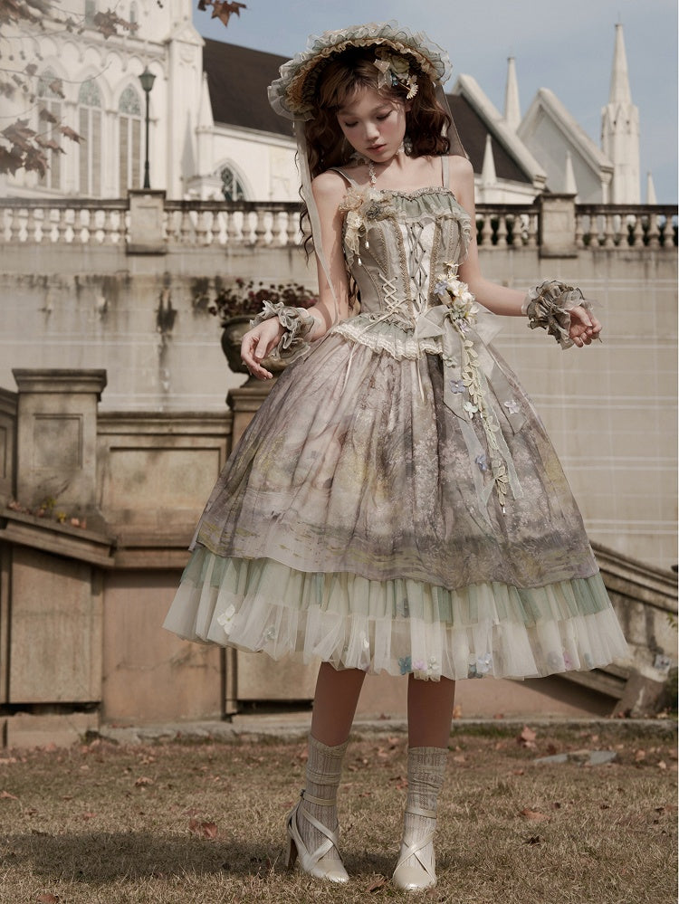 Jupe Lolita en tulle à imprimé floral et peinture à l'huile verte