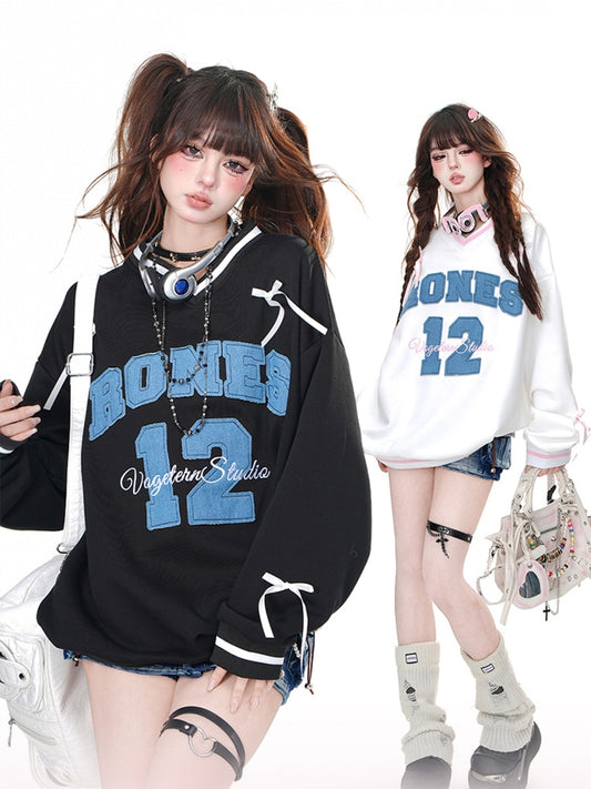 Black/White V-Neck Number Appliques Bowknots Loose Sweatshirt