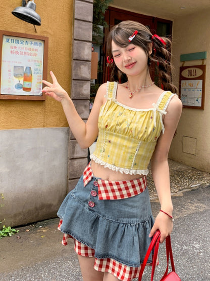 Trim Lace Star Print Top Yellow Plaid Cropped Sleeveless