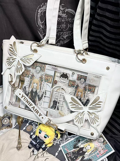 Gold Detachable Butterfly Spiderweb Detail White Ita Shoulder Bag