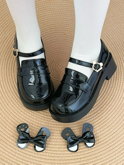 Ear Buckle - Shoes PU JK Heel Detachable Mid Black Bow Polished Academic with Style Bear