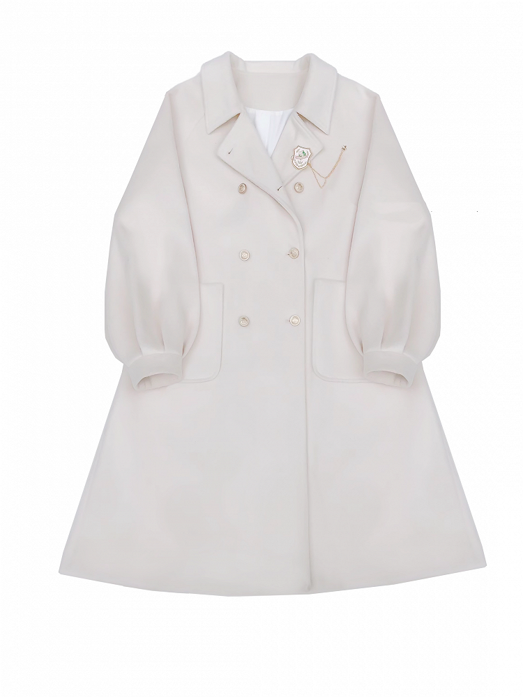 Double Breasted Design Notched Collar  with Long Woolen Coat White