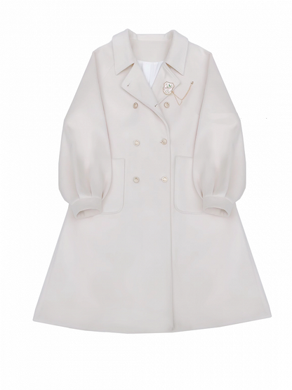 Double Breasted Design Notched Collar  with Long Woolen Coat White