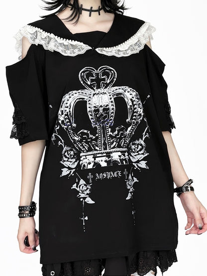 with Purple Crown White and Print Shoulders - Cutout / T-Shirt Collar Black Beaded Sailor