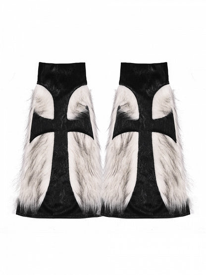 Black Gothic Cross Shaggy PU Leg Warmers