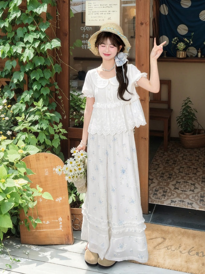 Blue Floral Pattern Version White Chiffon Waist Wide-Leg Pants Elastic Regular/Short