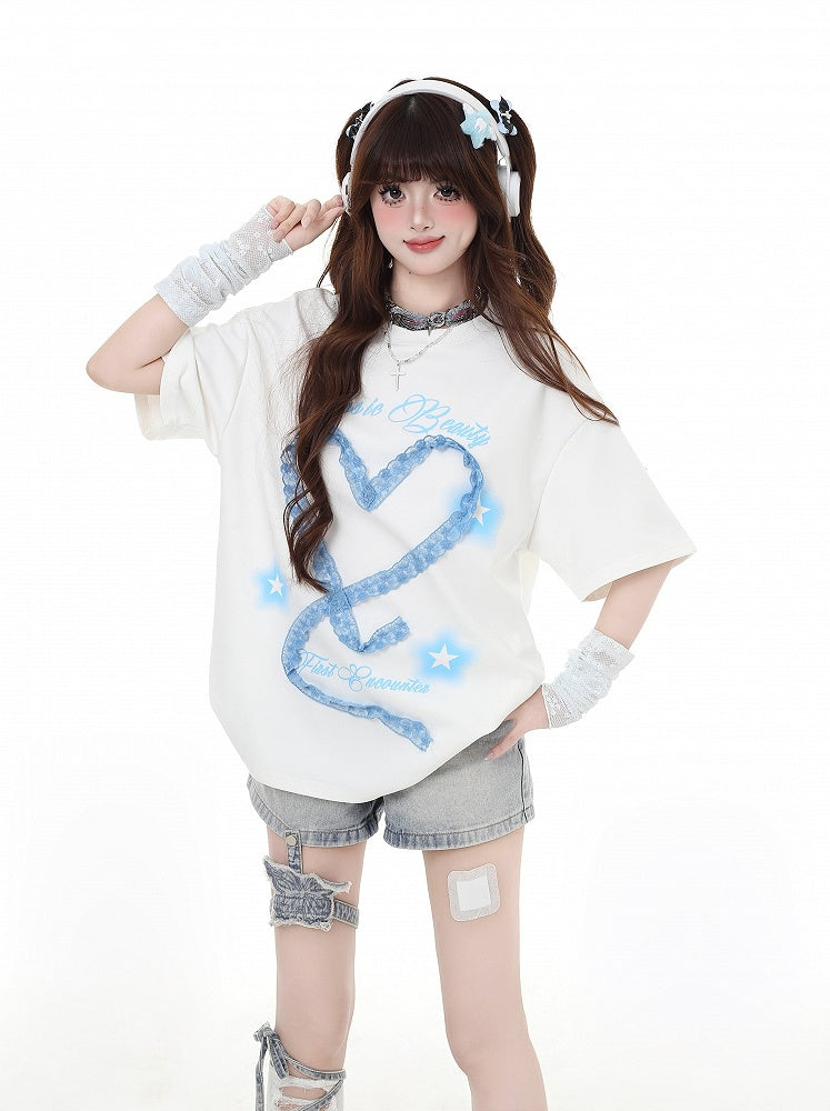 Design Armwear Free Heart-shaped Lace White/Light Blue T-Shirt with