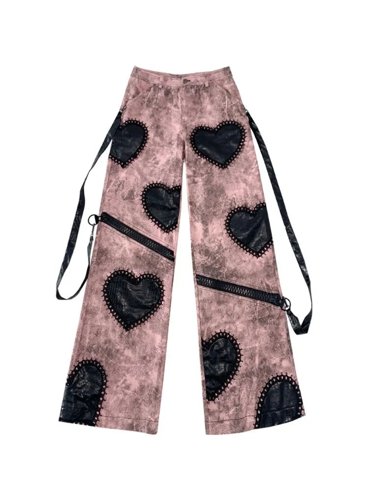 Applique Heart Gothic Leg Pink Wide Jeans Black with Zips Punk