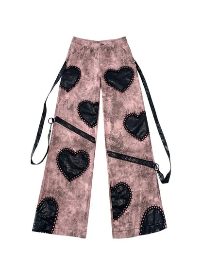 Applique Heart Gothic Leg Pink Wide Jeans Black with Zips Punk