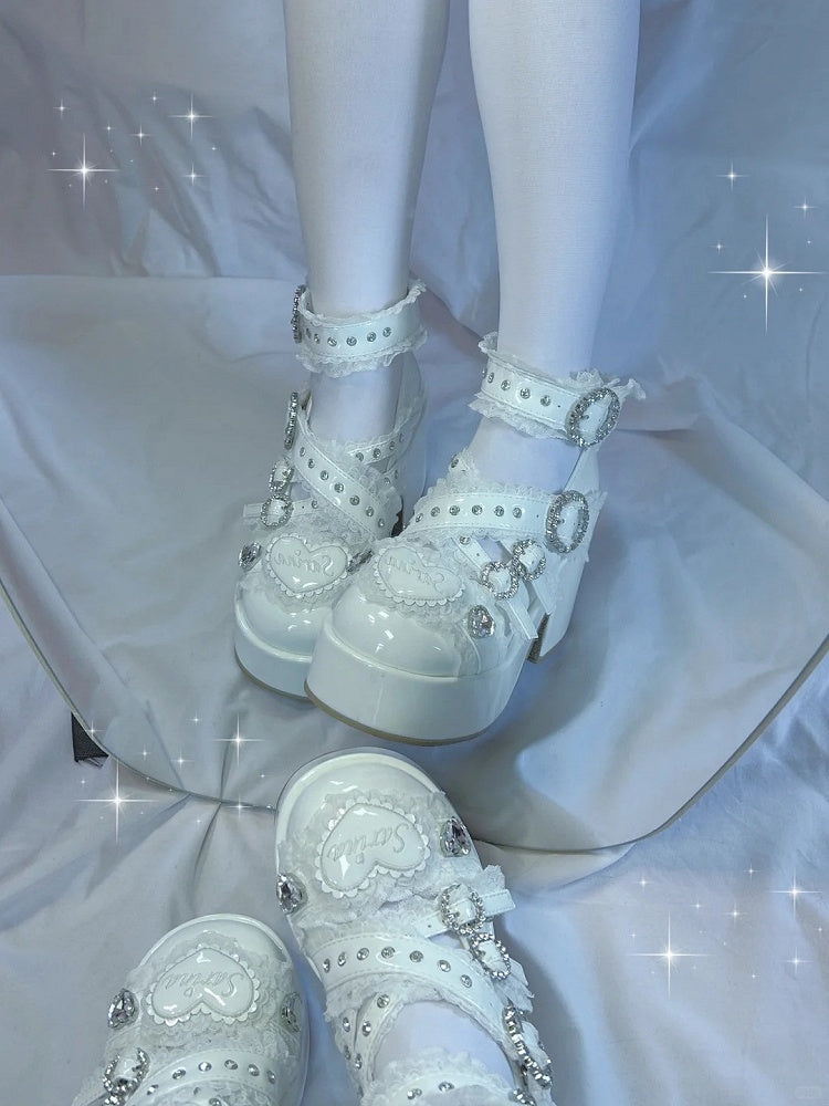 Heel White with Lace-Trimmed Jirai Cross Toe Kei Strap Round Block Platform Shoes: and Chunky