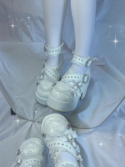 Heel White with Lace-Trimmed Jirai Cross Toe Kei Strap Round Block Platform Shoes: and Chunky