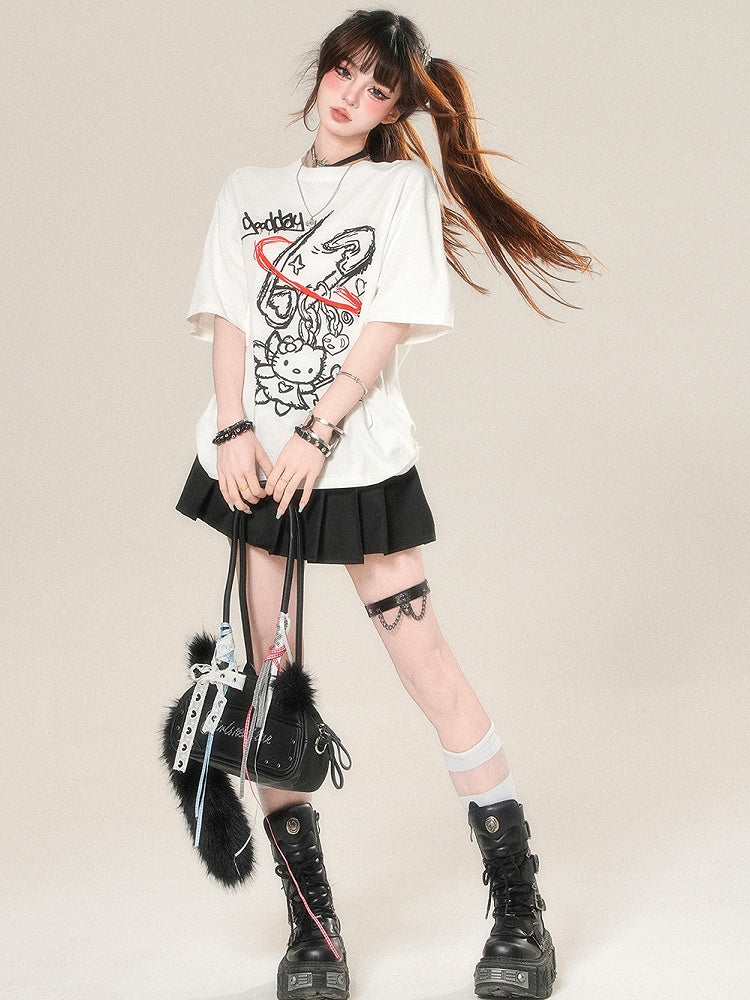 Kawaii Kitty Print T-shirt Daily White