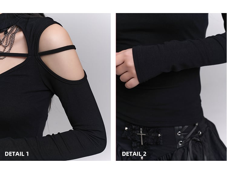 Schwarzes Oberteil mit Rundhalsausschnitt, Cut-Outs an den Schultern und Kreuzverzierung