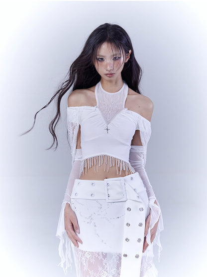 Hood Punk Hem Top with Cropped White Cutout Lace Shoulder Beaded Tassel