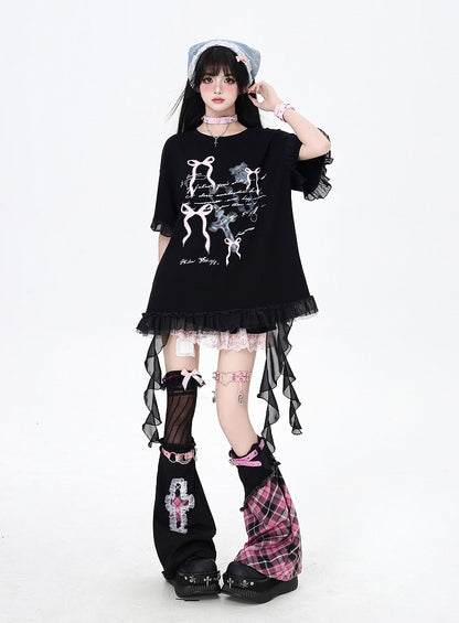 T-Shirt White/Black Cascading Ruffle Accents Bowknots Print Loose