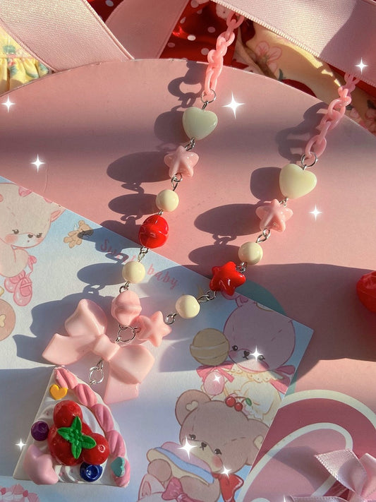Decorated Pink Pendant Cake Beaded Necklace Bowknot