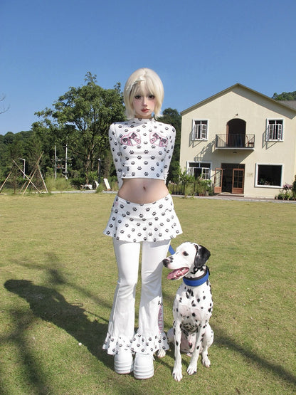 White Low Waist Paw Pattern Skirt Flared Pants
