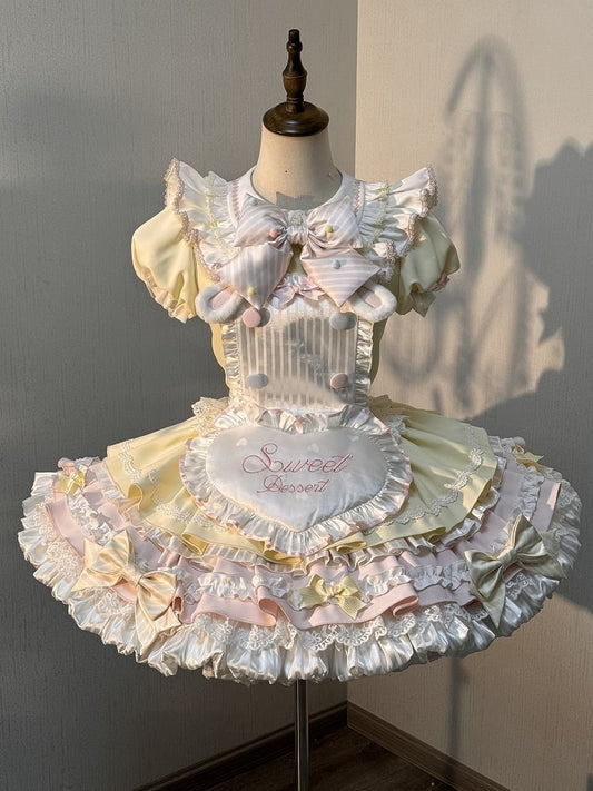 Sleeves Yellow Lolita Dress Sweet Maid Theme Bunny Puff Pink and