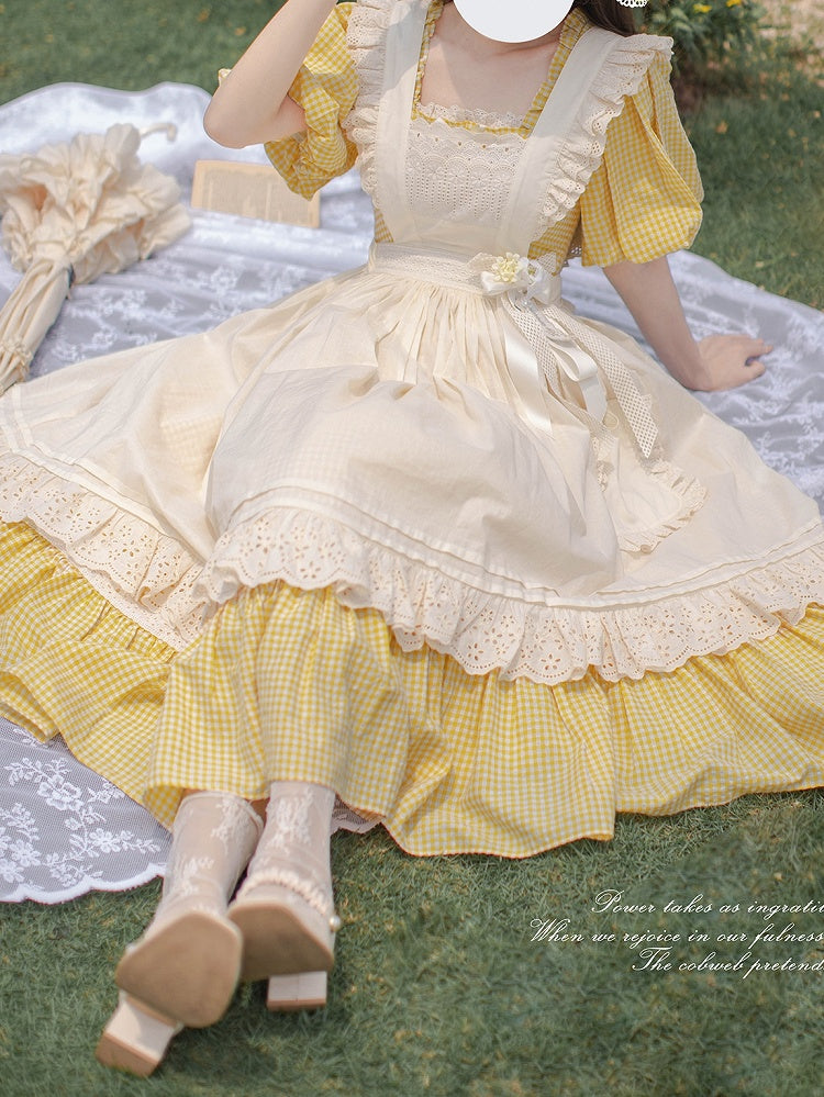 Plaid Lolita Yellow One Sleeves Neckline with Short Piece and Puff Square Sweet