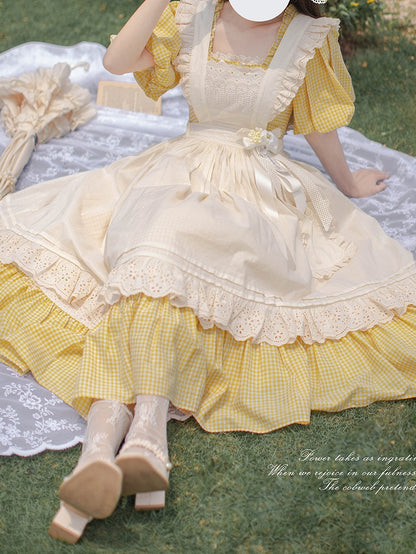 Plaid Lolita Yellow One Sleeves Neckline with Short Piece and Puff Square Sweet