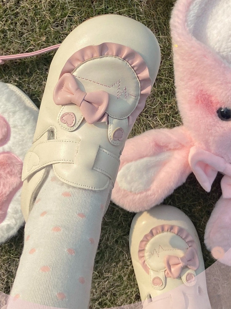 Besatz Fleece Beige Flats Herz Ohr Gefüttert Lolita mit Rüschen Süße Applikation Hase Winter