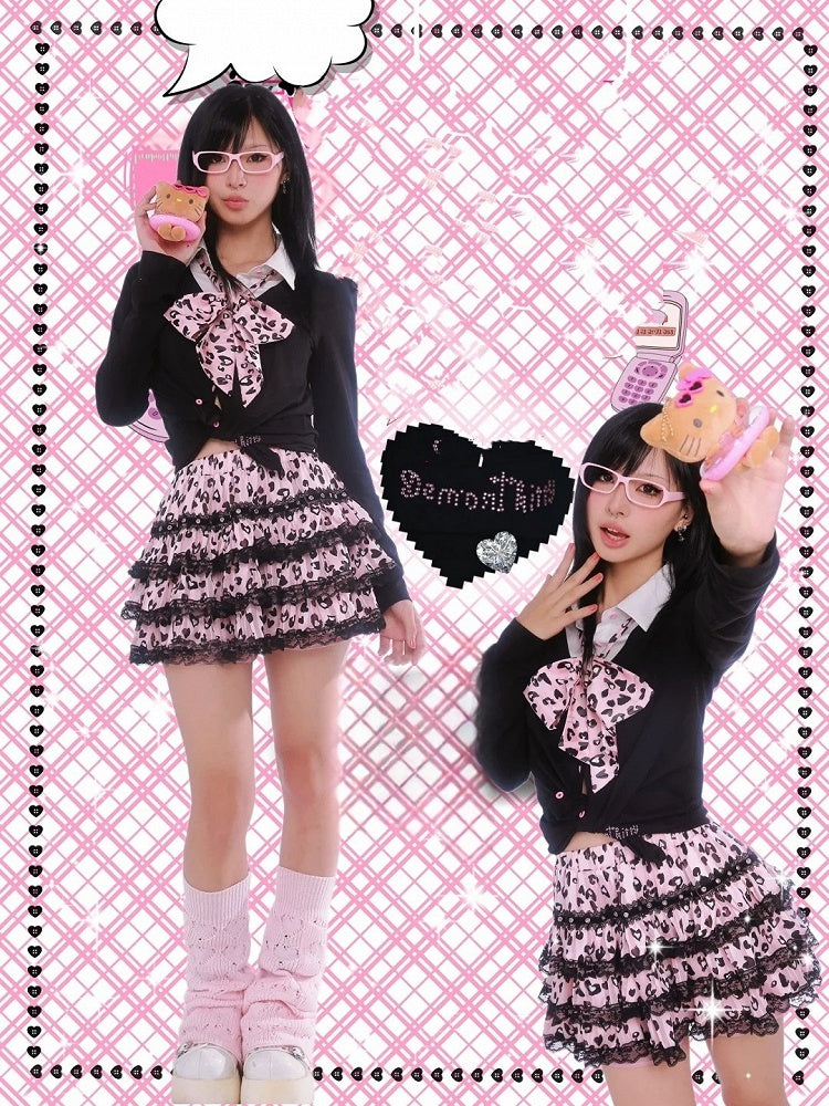 Gyaru Bow Free Y2K Tiered Skirt Tie with Fashion Pink Leopard Lace-Trim