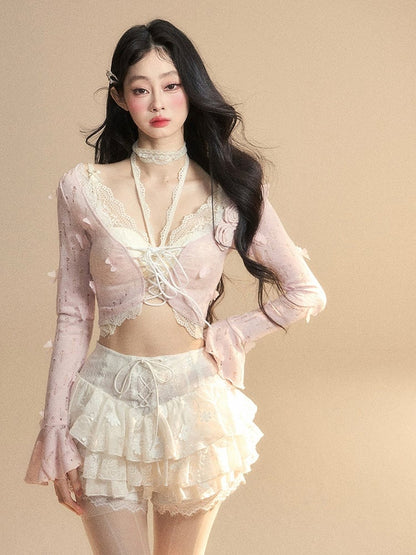 Cropped Top Floral Pink Bell Sleeves Butterfly Glamorous and Set With Top Embellished Lace
