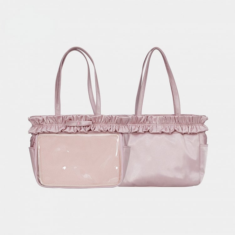 Light Pink Ruffle Trim Rhinestone Bowknot Ita Tote Bag