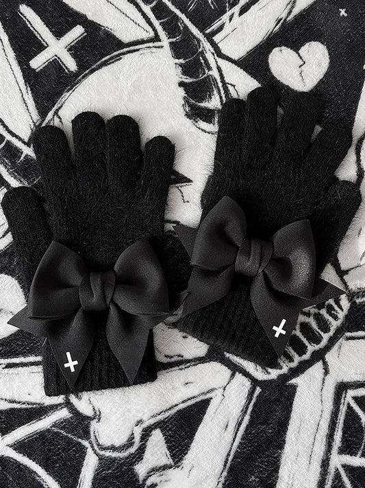 Black Details Gloves at Cutout Bowknot Finger White Gothic Cross With Pads Print