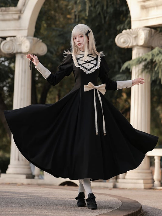 Black Elegant Juliette Sleeves Dress Nun Lolita Long Sleeves One Piece