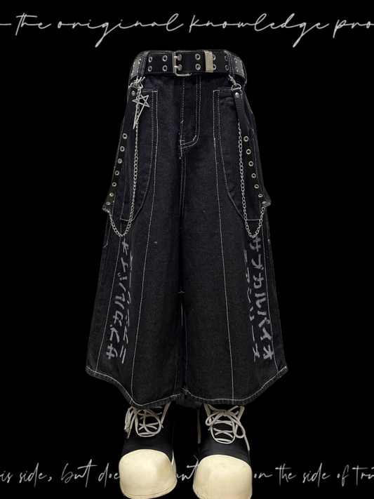 Denim Shorts Y2K Black Letter Print Wide-leg