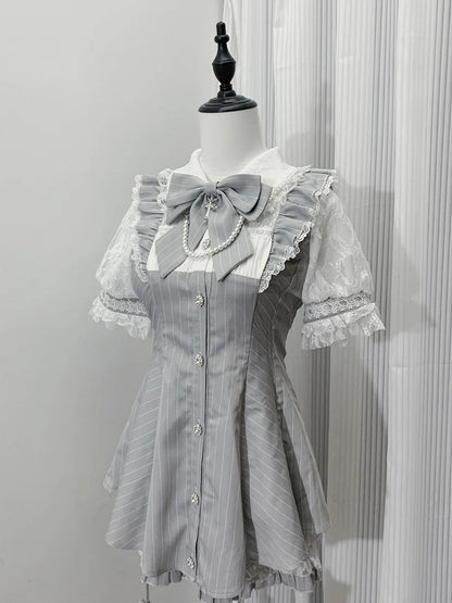 Gray Striped Jirai Kei Set- Back + Tie Neckline Bow Lace-up Mini Dress + Shorts Illusion