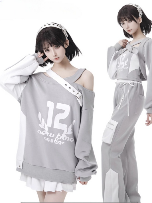 Design Colorblock Gray White Asymmetrical Neckline Cutout Shoulder Spring Sweatshirt