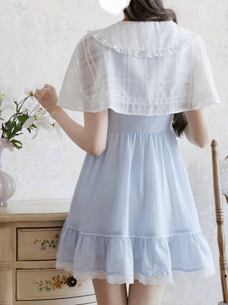 Jirai Kei Light Blue Peter Pan Collar Cape Design Faux Two-pieces Dress